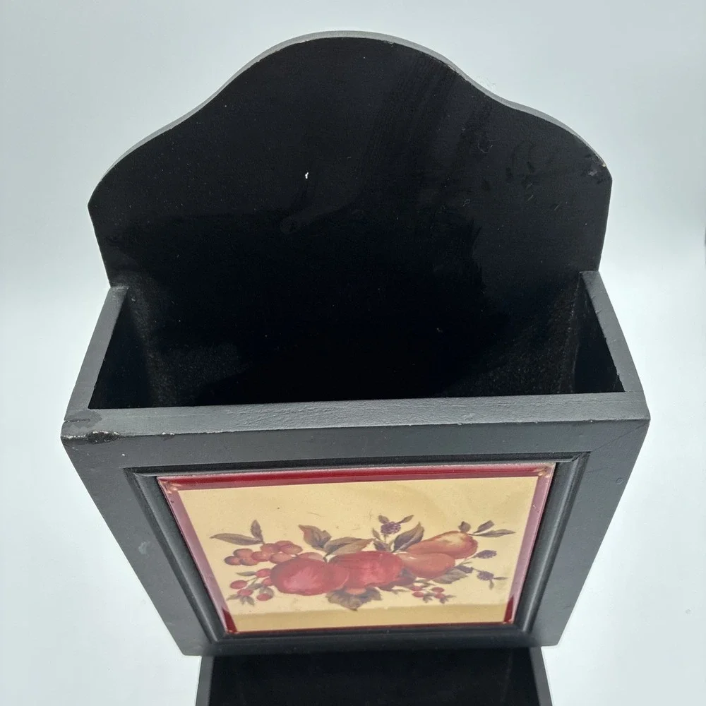 Vintage Wooden Wall Mail Organizer Letter Holder Black with Fruit Ceramic Tiles